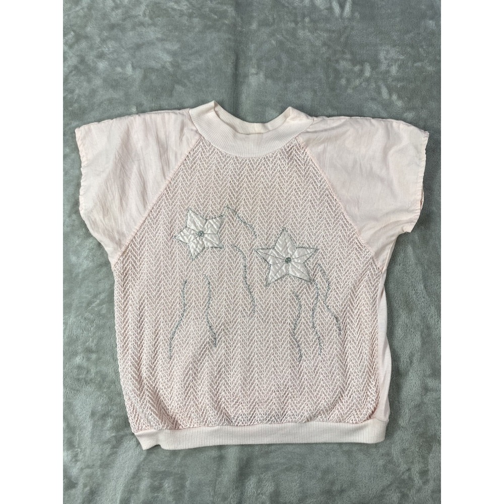 Vintage Shenanigans Blouse Women Large Light Pink Short Sleeve Floral Buttons